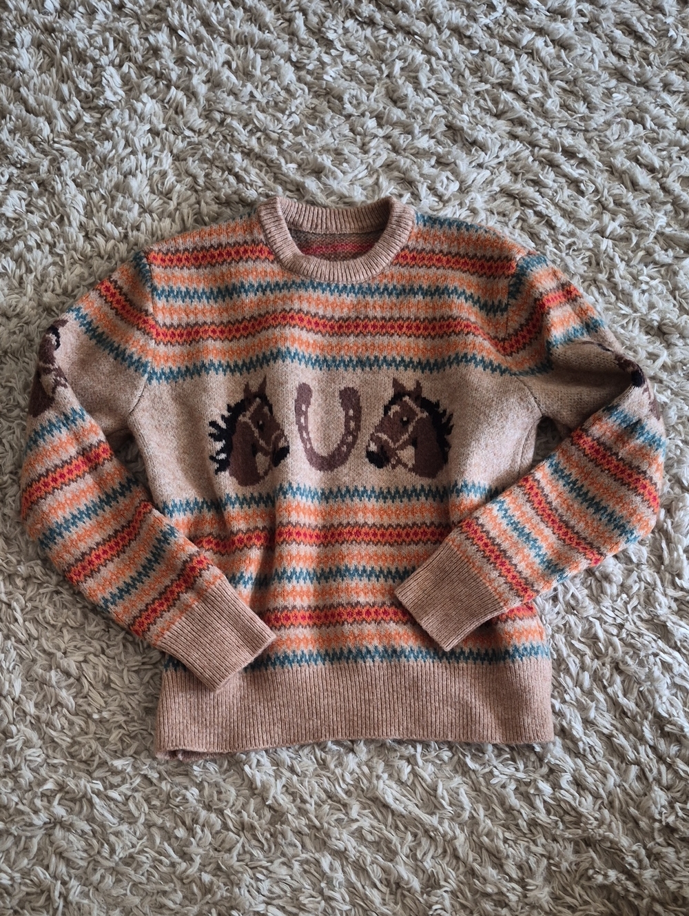 Brown Patterned Horse-Detail Crewneck Sweater